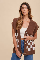 Stylish Checkered Button Down Short Sleeve Cardigan for Women by Annie Wear